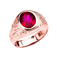 Men's Solid Gold Engraved Design Red CZ Solitaire Ring (Available in Yellow/Rose/White Gold)