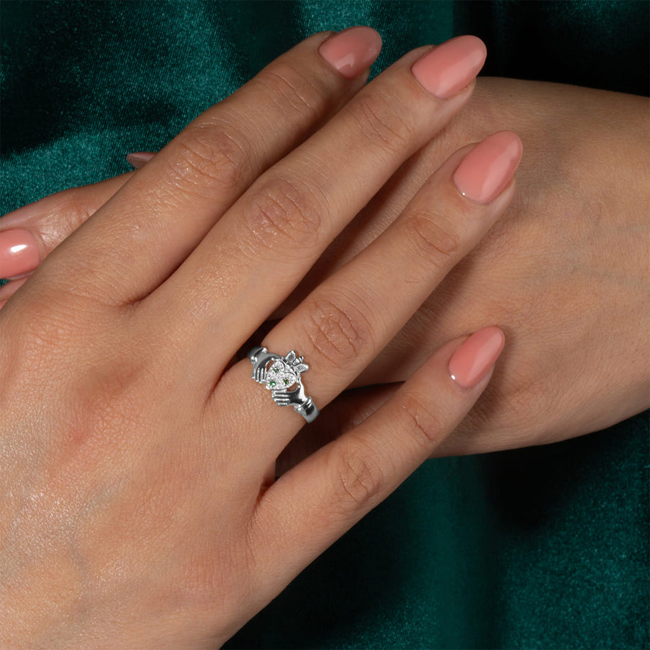 .925 Sterling Silver Claddagh Heart Crown Emerald Birthstone Ring