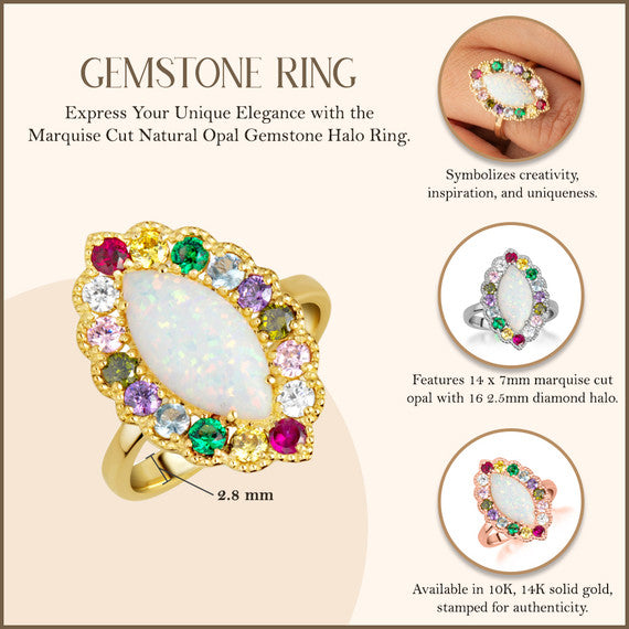 Gold Marquise Cut Natural Opal Gemstone Halo Ring (Available in Yellow/Rose/White Gold)