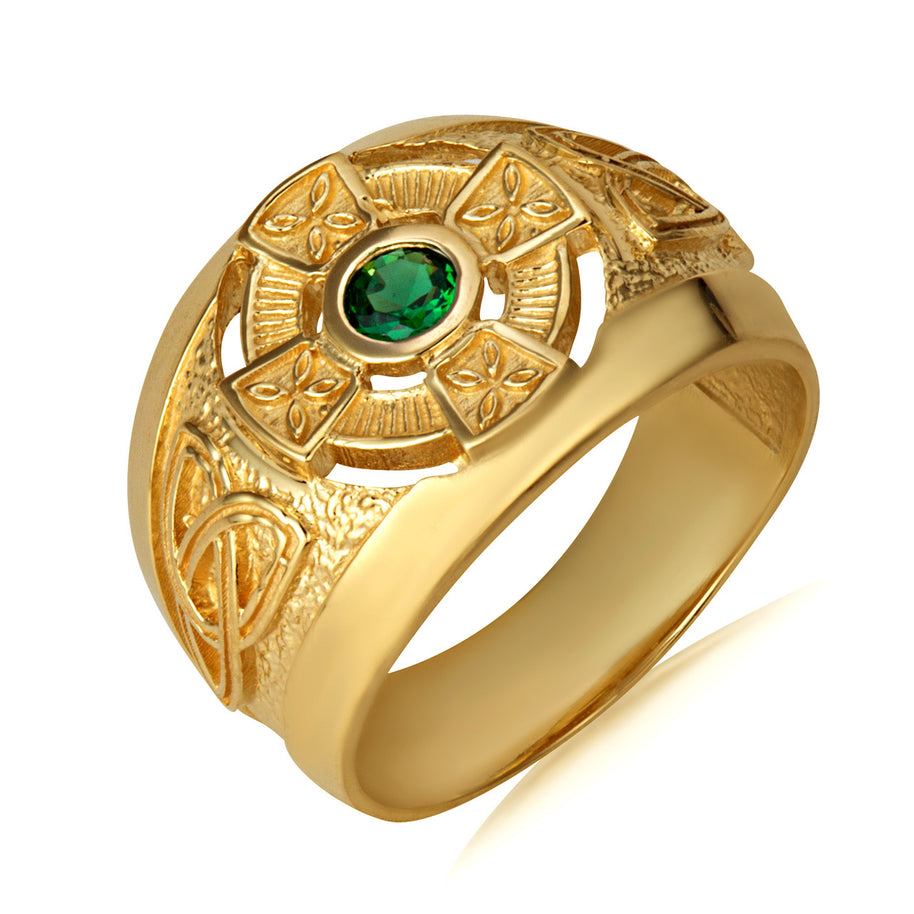 Gold Emerald CZ Celtic Cross Men's Ring (Available In Yellow/White Gold)