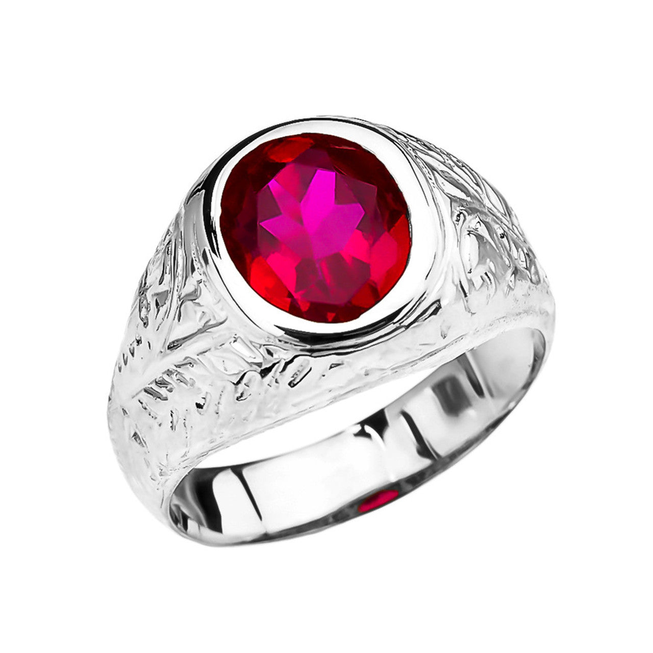 Men's Solid Gold Engraved Design Red CZ Solitaire Ring (Available in Yellow/Rose/White Gold)