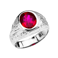 Men's Solid Gold Engraved Design Red CZ Solitaire Ring (Available in Yellow/Rose/White Gold)