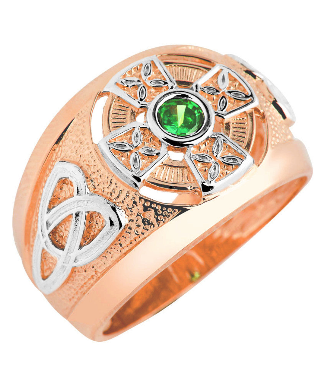 Two-Tone Gold Emerald CZ Celtic Cross Men's Ring (Available In Yellow/Rose Gold)