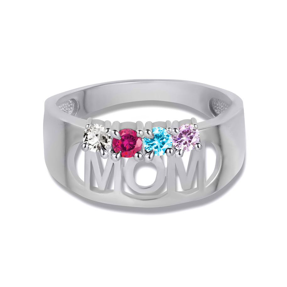 .925 Sterling Silver Custom Four Birthstone Mom Band Ring