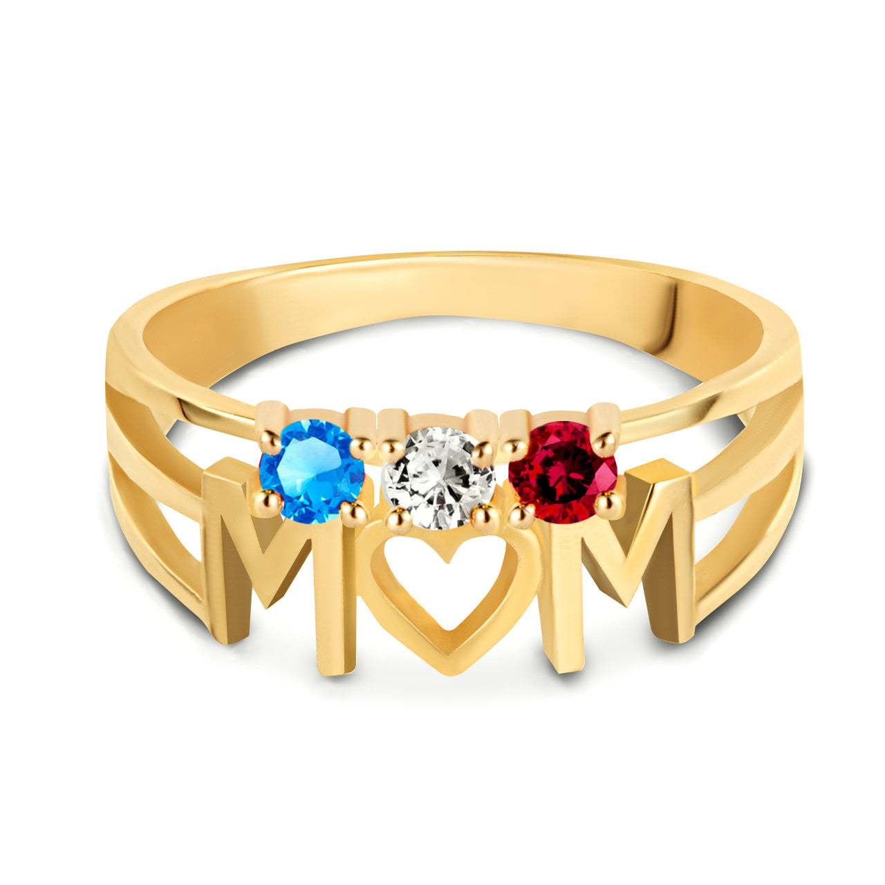 Gold Personalized Mom Heart 3 Birthstones Mother's Ring (Available in Yellow/Rose/White Gold)