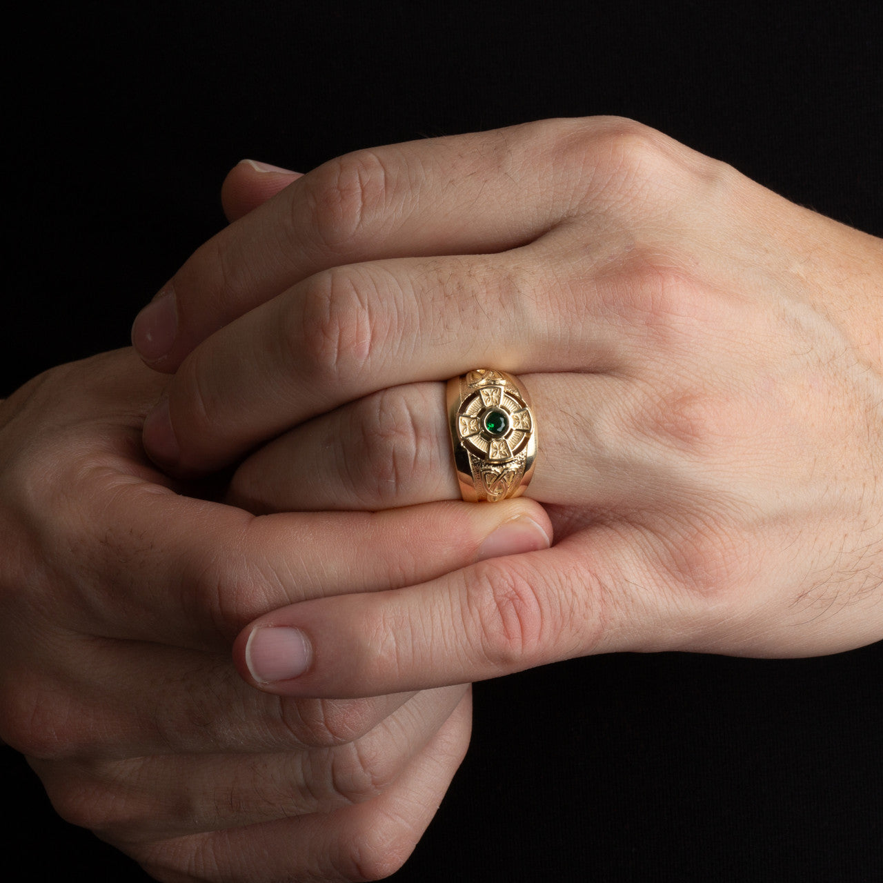Gold Emerald CZ Celtic Cross Men's Ring (Available In Yellow/White Gold)