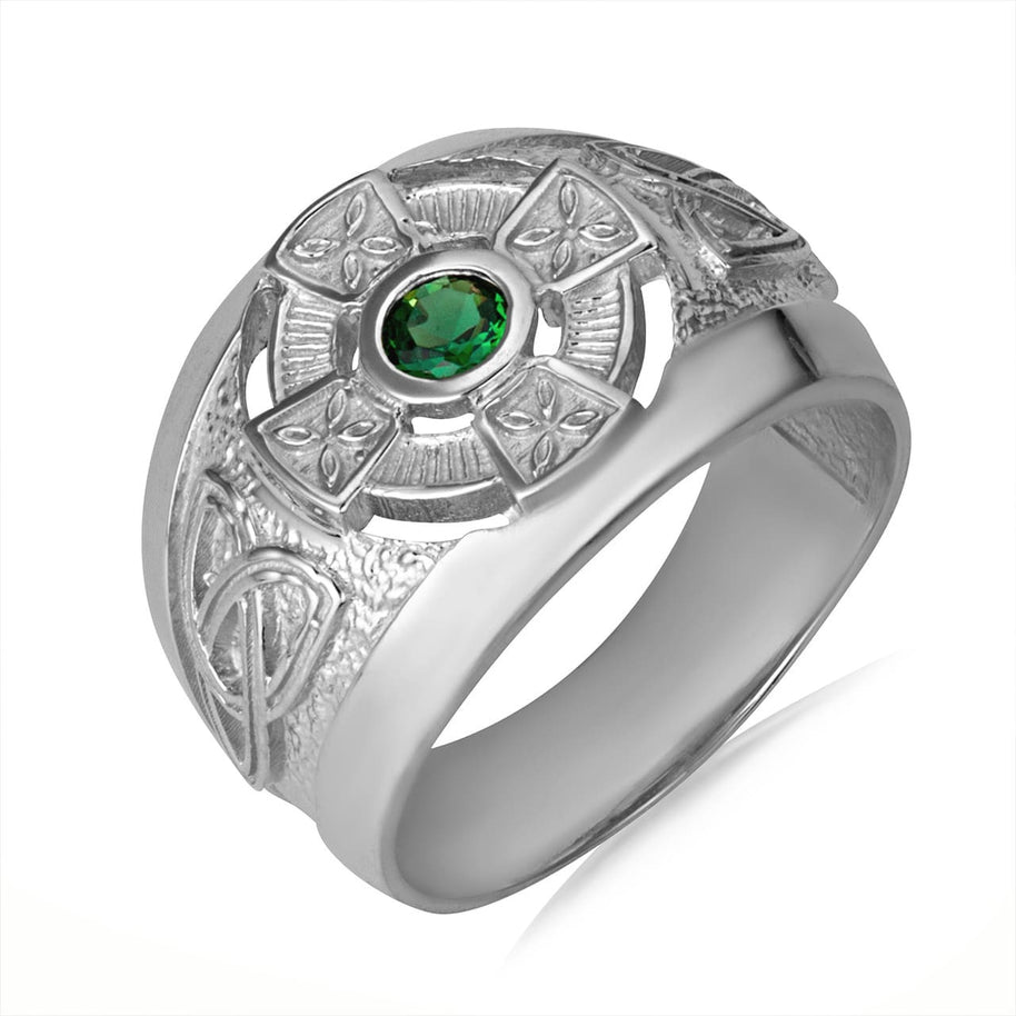 Gold Emerald CZ Celtic Cross Men's Ring (Available In Yellow/White Gold)