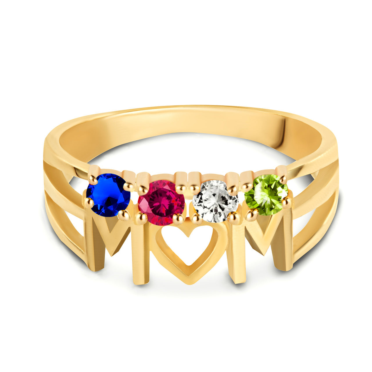 Gold Personalized Mom Heart 4 Birthstones Mother's Ring (Available in Yellow/Rose/White Gold)