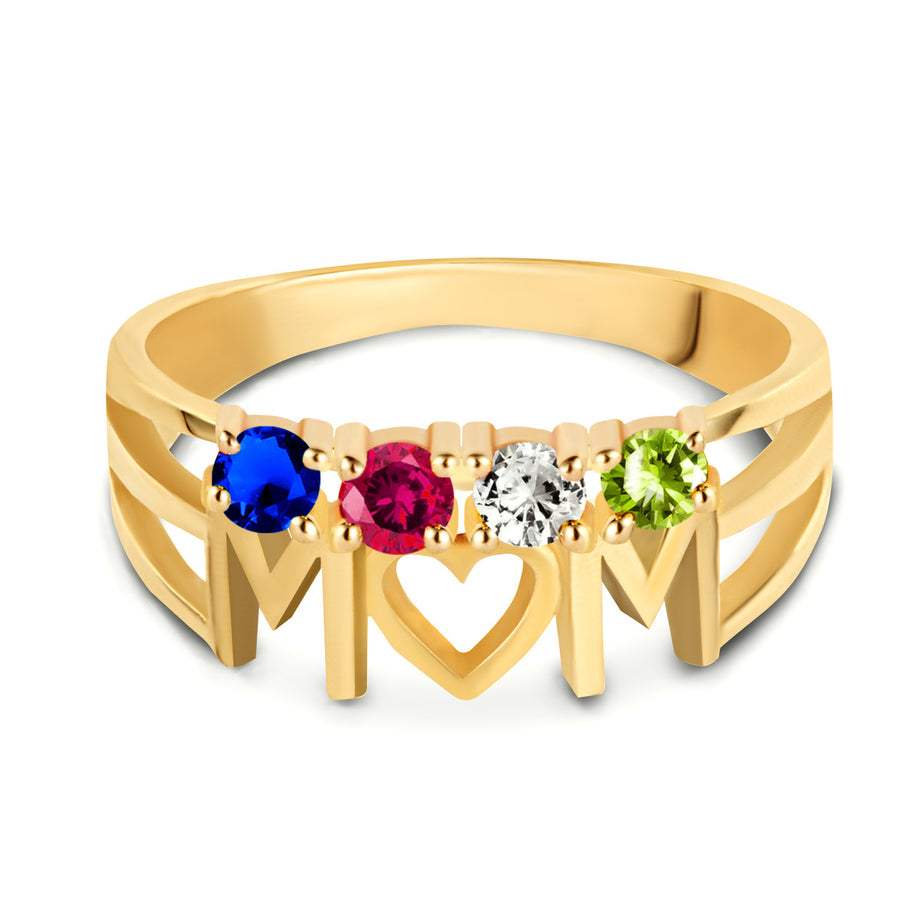 Gold Personalized Mom Heart 4 Birthstones Mother's Ring (Available in Yellow/Rose/White Gold)