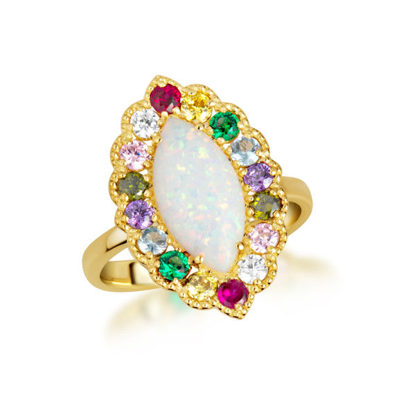 Gold Marquise Cut Natural Opal Gemstone Halo Ring (Available in Yellow/Rose/White Gold)