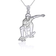 .925 Sterling Silver Engravable Skateboarder Athletic Pendant Necklace