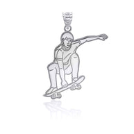 .925 Sterling Silver Engravable Skateboarder Athletic Pendant Necklace