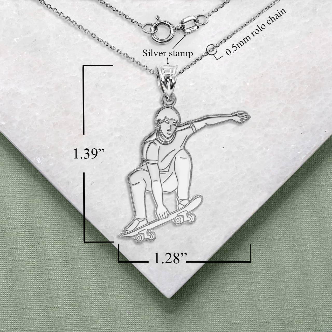 .925 Sterling Silver Engravable Skateboarder Athletic Pendant Necklace