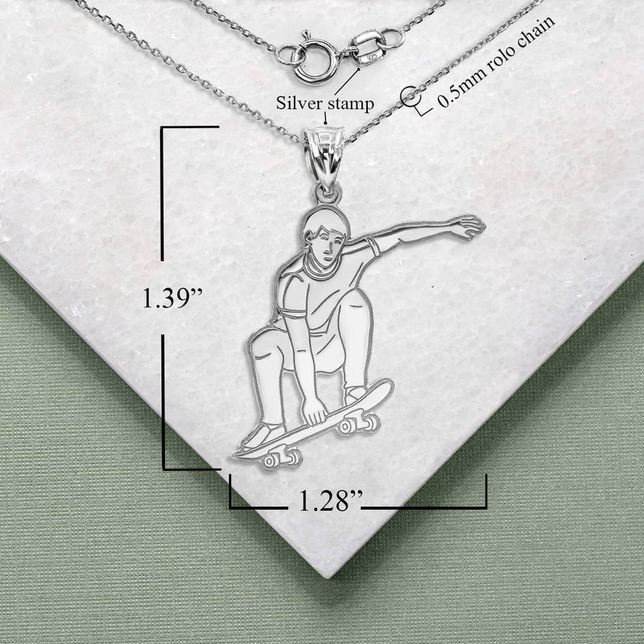 .925 Sterling Silver Engravable Skateboarder Athletic Pendant Necklace