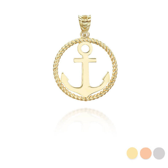 Solid Gold Roped Circle Anchor Pendant Necklace (Available in Yellow/Rose/White Gold)