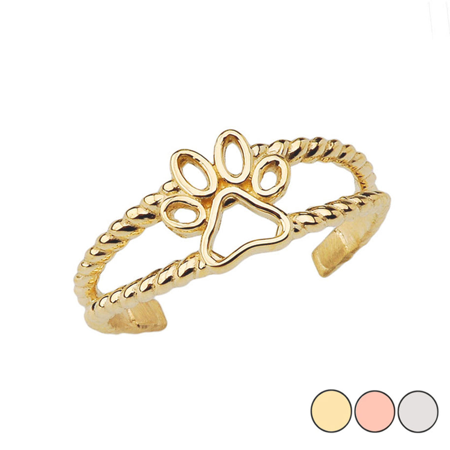 Solid Gold Dog Paw Rope Toe Ring (Available in Yellow/Rose/White Gold)