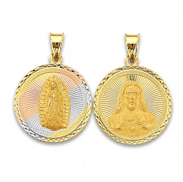 14K Gold Tri Color Virigin Mary Double Side Round Charm