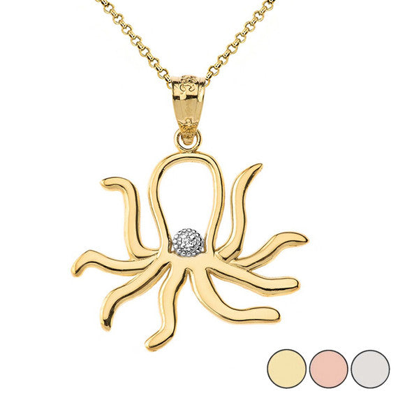 Solid Gold Octopus Outline Solitaire Pendant Necklace (Available in Yellow/Rose/White Gold)