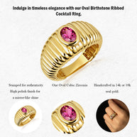 Gold Oval Birthstone Ribbed Cocktail Ring (Available in Yellow/Rose/White Gold)