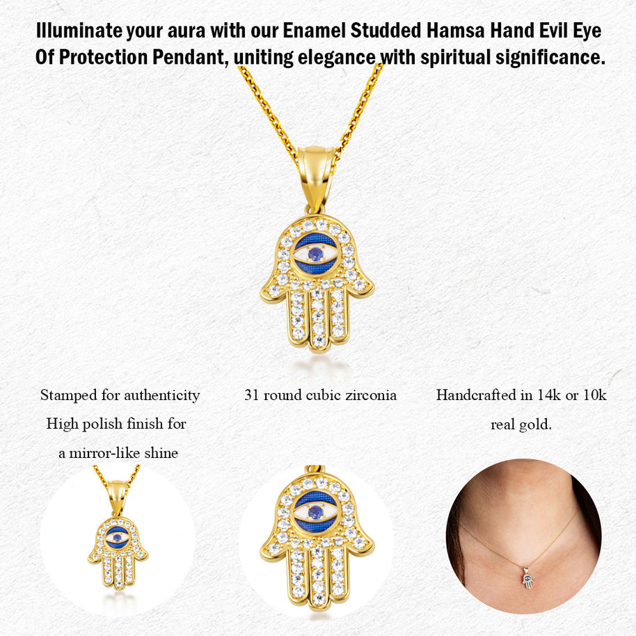 Gold Enamel Cubic Zirconia Studded Hamsa Hand Evil Eye Of Protection Pendant Necklace (Available in Yellow/Rose/White Gold)