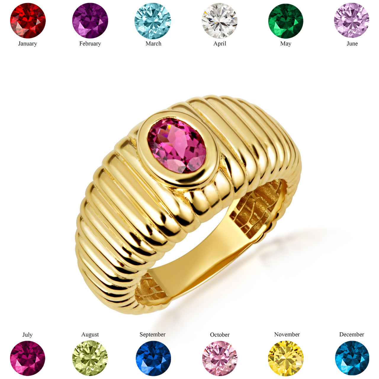 Gold Oval Birthstone Ribbed Cocktail Ring (Available in Yellow/Rose/White Gold)