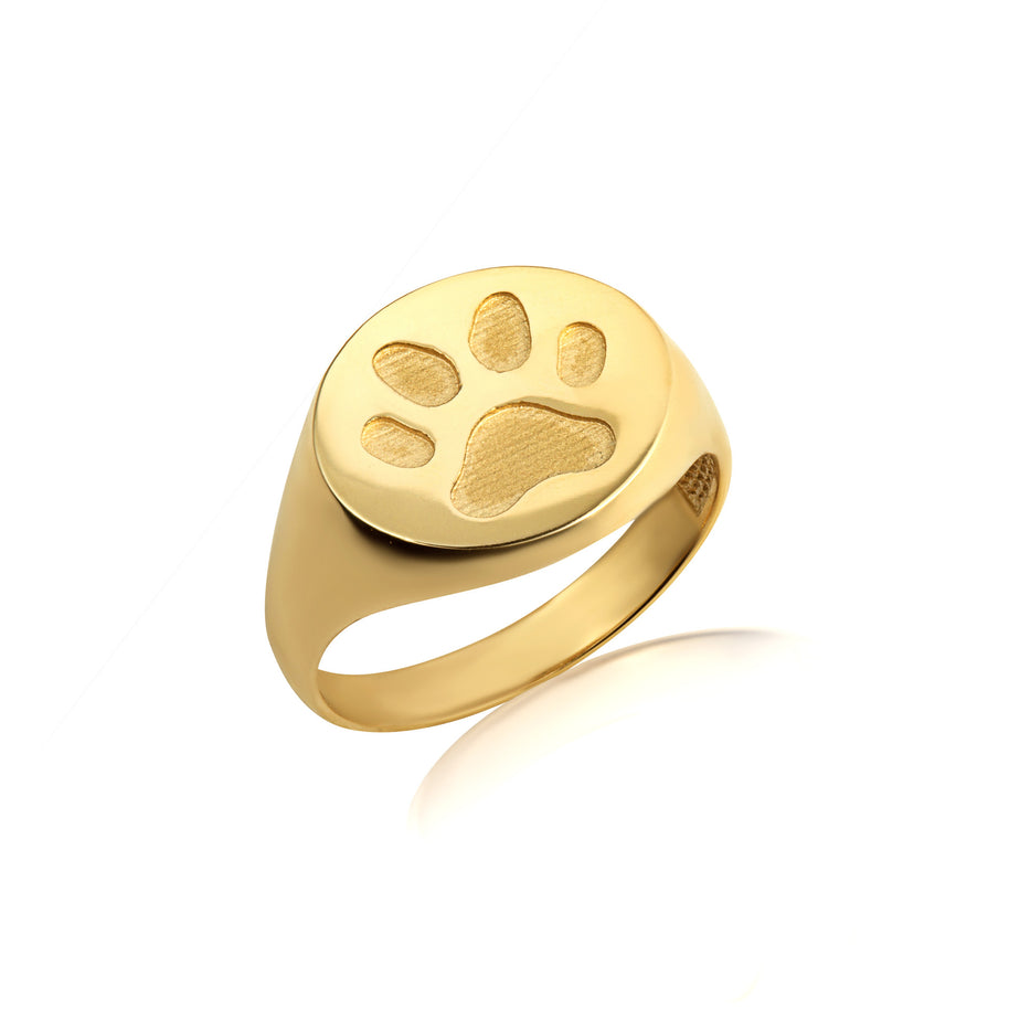 Gold Dog Paw Print Pet Signet Ring (Available in Yellow/Rose/White Gold)