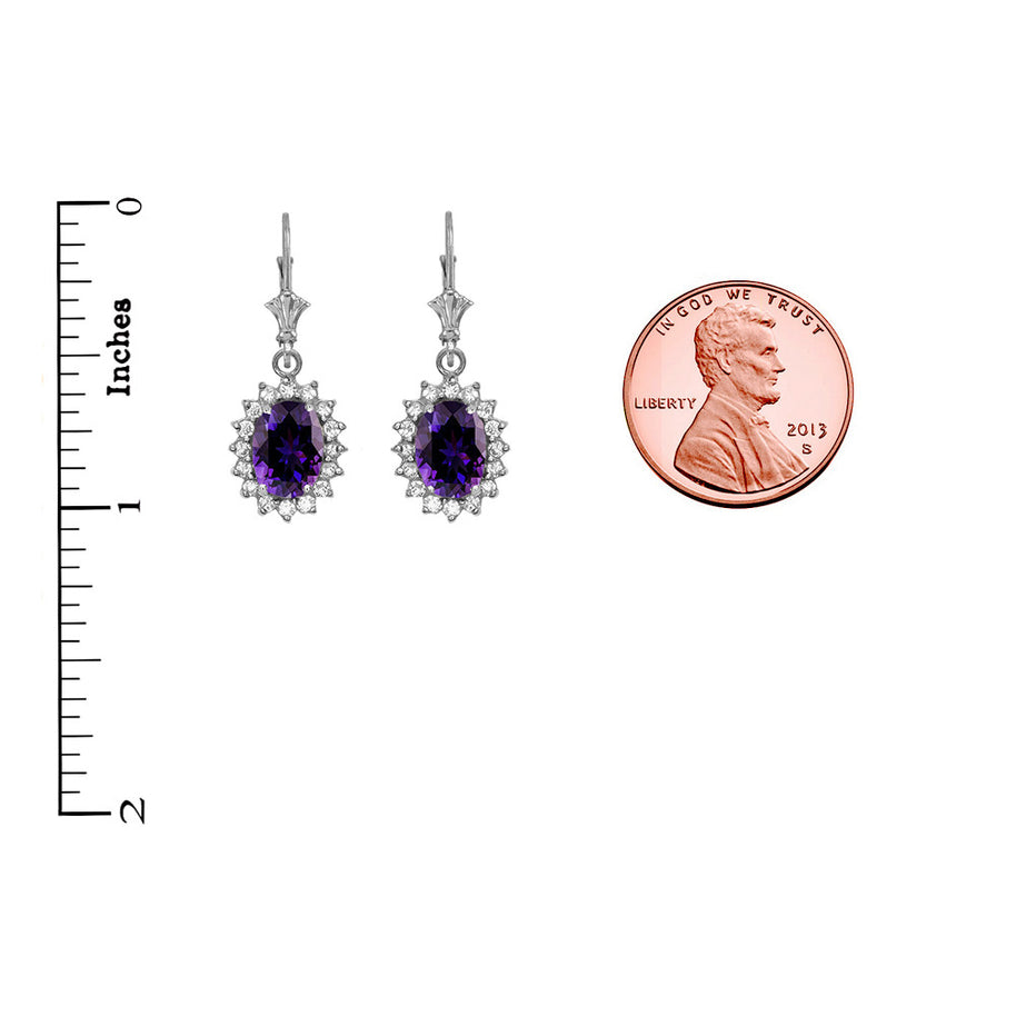 14K White Gold Amethyst Birthstone Diamond Halo Drop Dangle Earrings