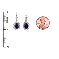 14K White Gold Amethyst Birthstone Diamond Halo Drop Dangle Earrings