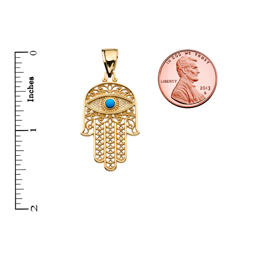 Gold Filigree Hamsa Hand Turquoise Gemstone Evil Eye Beaded Pendant Necklace (Available in Yellow/Rose/White Gold)