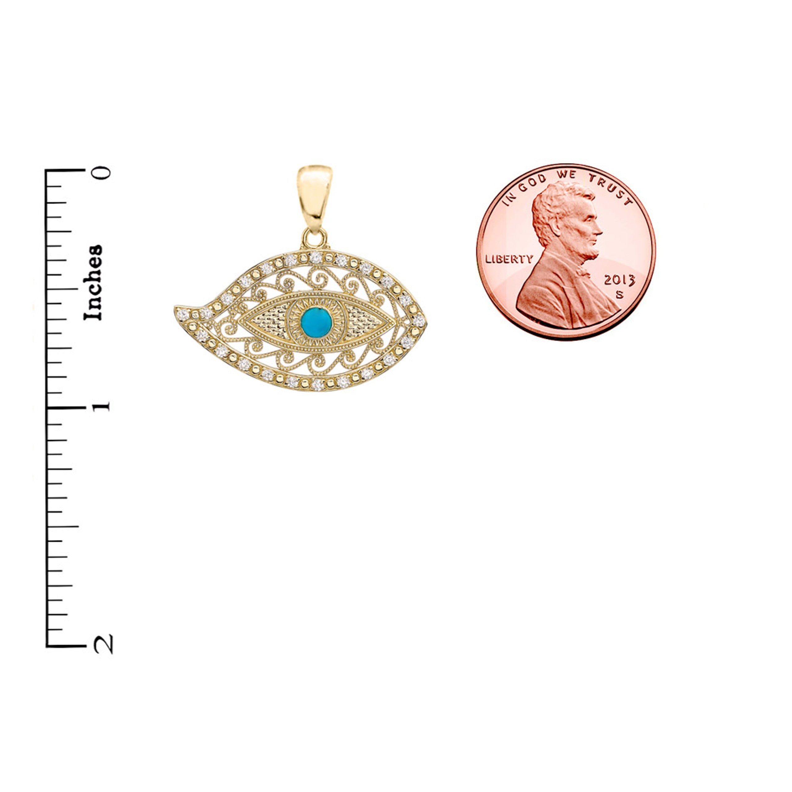 Yellow Gold Evil Eye Diamond Pendant Necklace With Turquoise Center Stone
