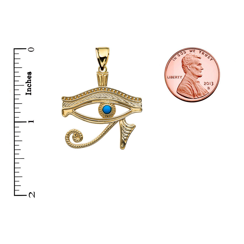 Solid Gold Egyptian Eye of Horus Wadjet Turquoise Pendant Necklace(Available In Yellow/Rose/White Gold)