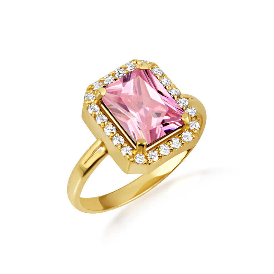 Gold Radiant Cut CZ Birthstone Halo Ring (Available in Yellow/Rose/White Gold)