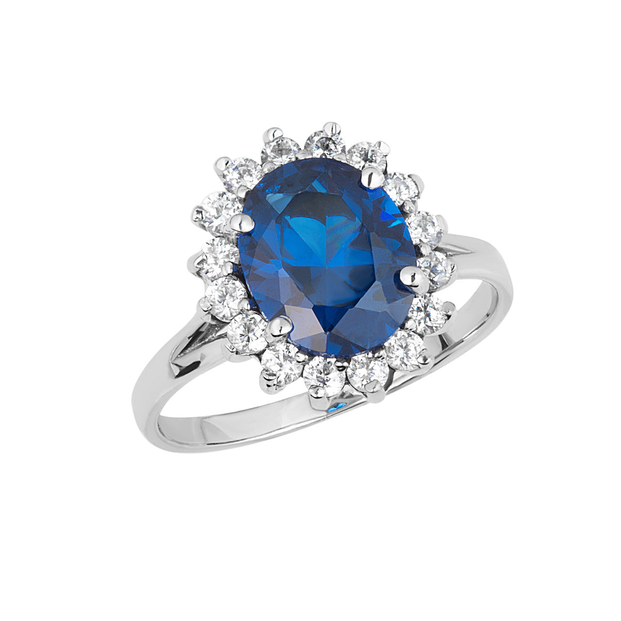Princess Diana Inspired Halo Engagement Ring with LC Sapphire & Cubic Zirconia in Gold (Available in Yellow/Rose/White Gold)