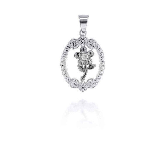 .925 Sterling Silver Cubic Zirconia Flower Oval Pendant Necklace