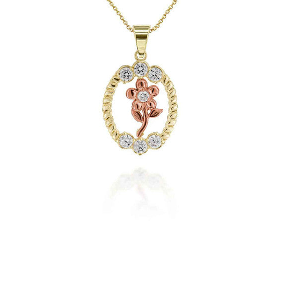 Two-Tone Gold Cubic Zirconia Flower Oval Pendant Necklace (Available in Yellow/Rose/White Gold)
