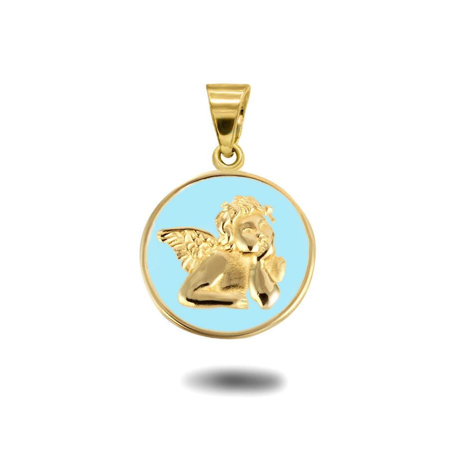 Gold Custom Enamel Cherub Angel Medallion Pendant Necklace (Available in Yellow/Rose/White Gold)