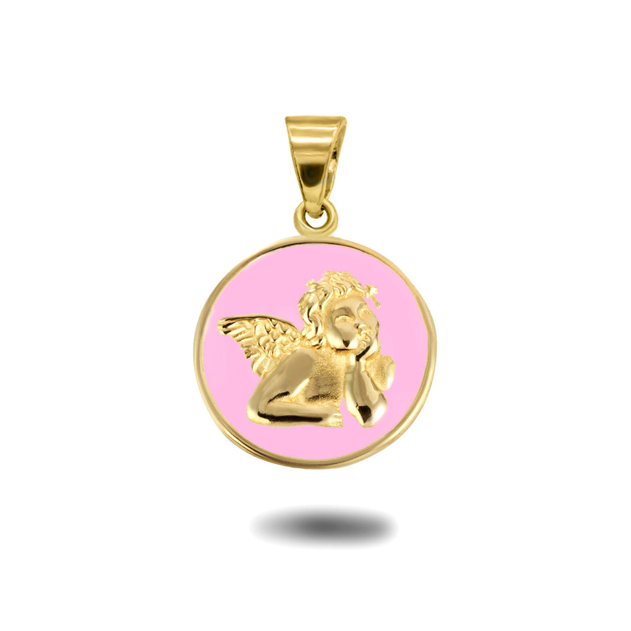 Gold Custom Enamel Cherub Angel Medallion Pendant Necklace (Available in Yellow/Rose/White Gold)