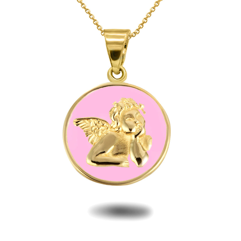 Gold Custom Enamel Cherub Angel Medallion Pendant Necklace (Available in Yellow/Rose/White Gold)
