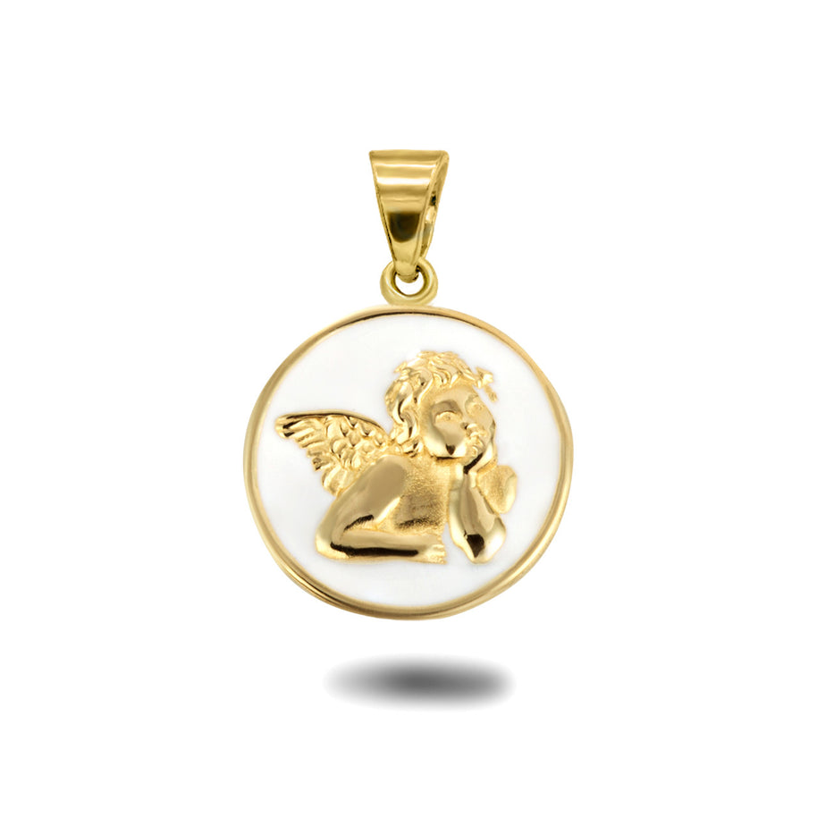 Gold Custom Enamel Cherub Angel Medallion Pendant Necklace (Available in Yellow/Rose/White Gold)