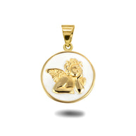 Gold Custom Enamel Cherub Angel Medallion Pendant Necklace (Available in Yellow/Rose/White Gold)