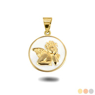 Gold Custom Enamel Cherub Angel Medallion Pendant Necklace (Available in Yellow/Rose/White Gold)