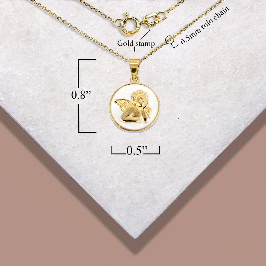 Gold Custom Enamel Cherub Angel Medallion Pendant Necklace (Available in Yellow/Rose/White Gold)