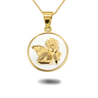 Gold Custom Enamel Cherub Angel Medallion Pendant Necklace (Available in Yellow/Rose/White Gold)