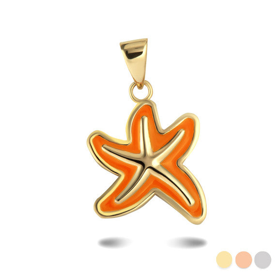 Gold Orange Enamel Sea Starfish Ocean Pendant Necklace (Available in Yellow/Rose/White Gold)