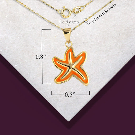 Gold Orange Enamel Sea Starfish Ocean Pendant Necklace (Available in Yellow/Rose/White Gold)