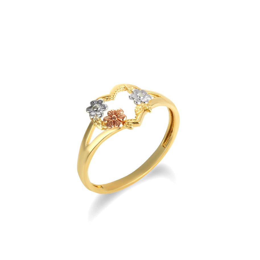 Tri-Color Gold Daisy Flower Heart Ring (Available in Yellow/Rose/White Gold)