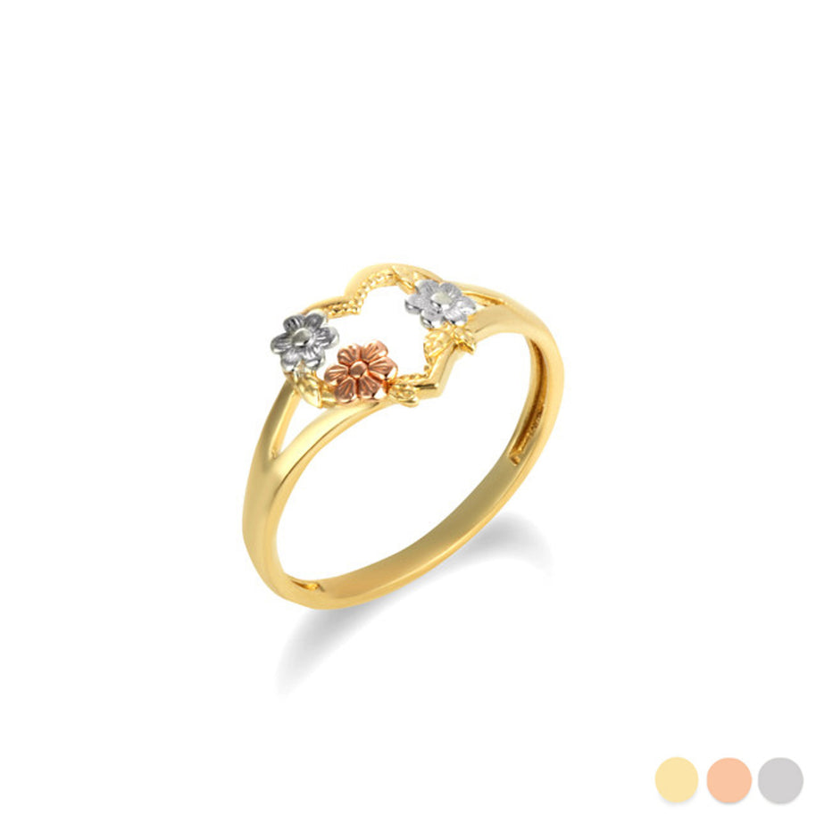 Tri-Color Gold Daisy Flower Heart Ring (Available in Yellow/Rose/White Gold)