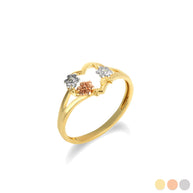 Tri-Color Gold Daisy Flower Heart Ring (Available in Yellow/Rose/White Gold)