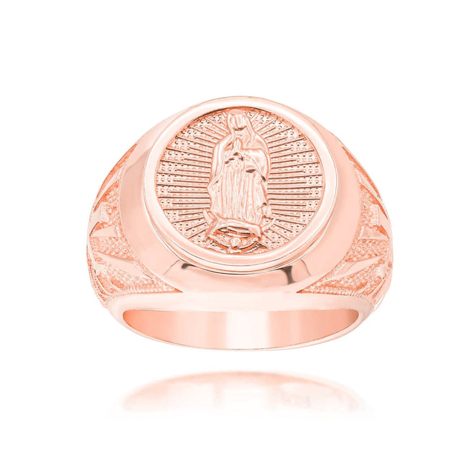 Gold Religious Our Lady of Guadalupe Patroness of Unconditional Love and Protection Statement Ring (Available in Yellow/Rose/White Gold)