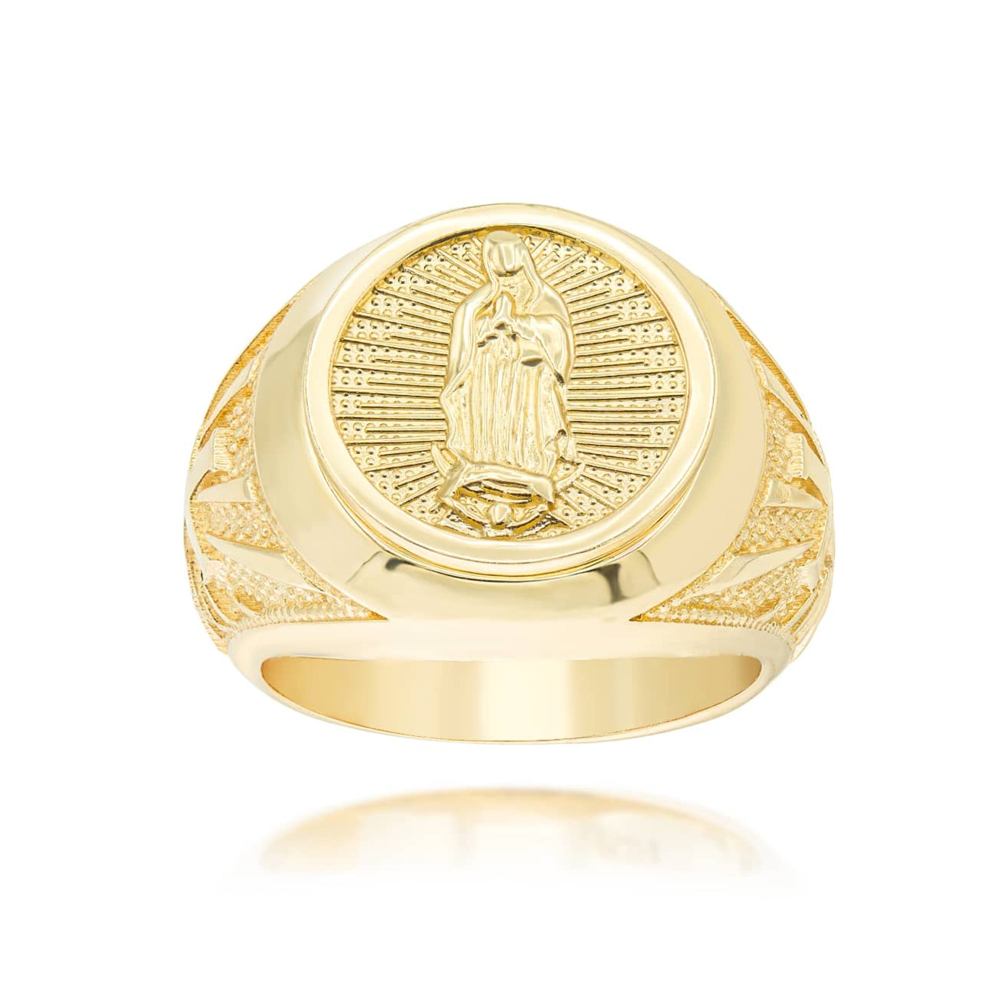 Gold Religious Our Lady of Guadalupe Patroness of Unconditional Love and Protection Statement Ring (Available in Yellow/Rose/White Gold)